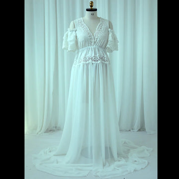 MQTIME  -  Maternity Photography Props Dress V-neck Embroidered Cotton Lace&Chiffon Dress Photo Shoot Photography Dress For Women